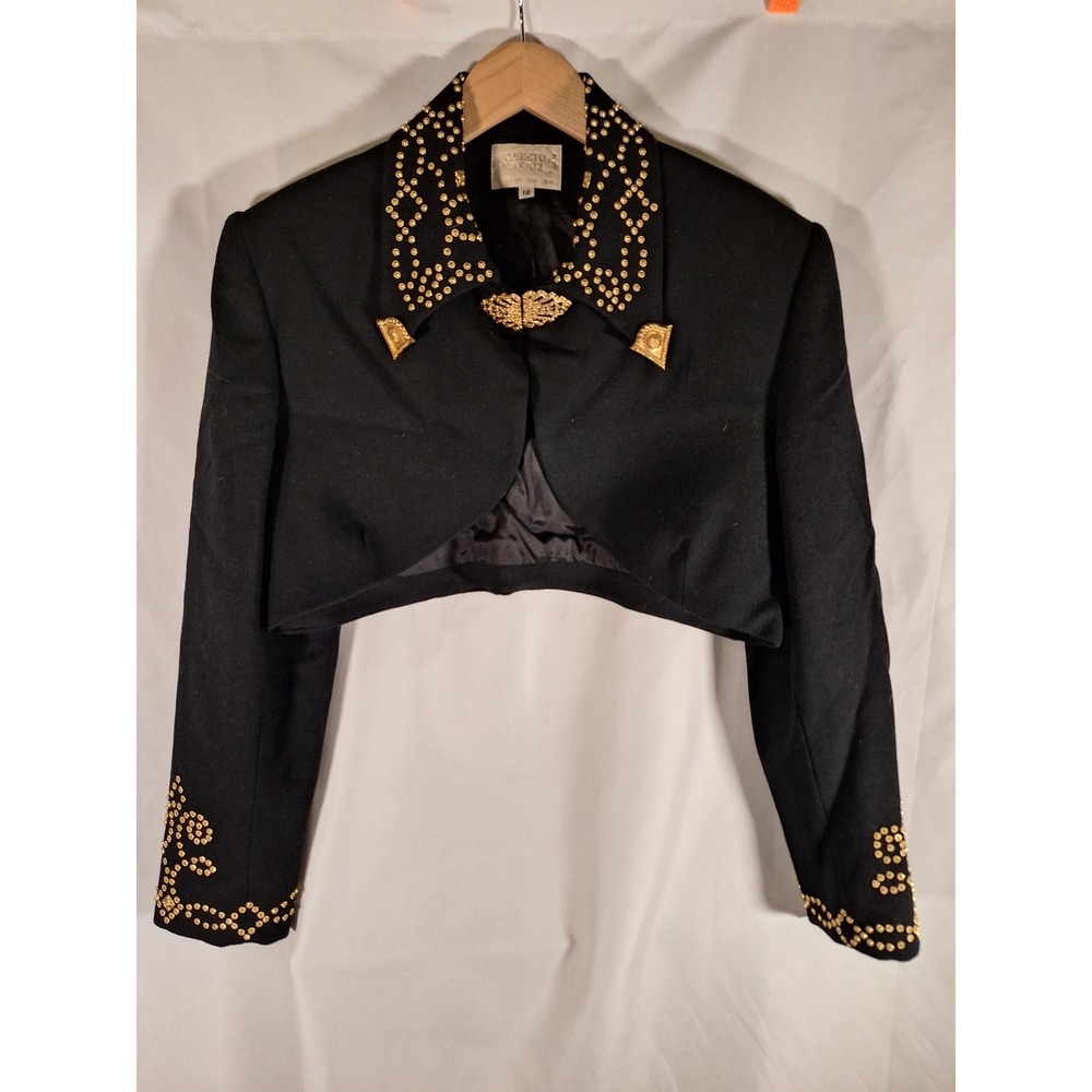 Alberto Makali Vintage Black Gold Studded Cropped Bolero Jacket Evening Women 12